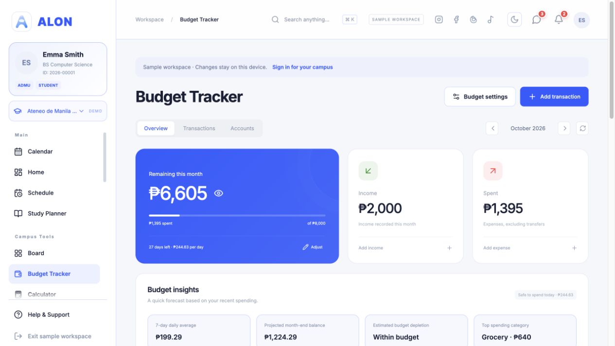 ALON budget tracker with monthly remaining amount and spending categories