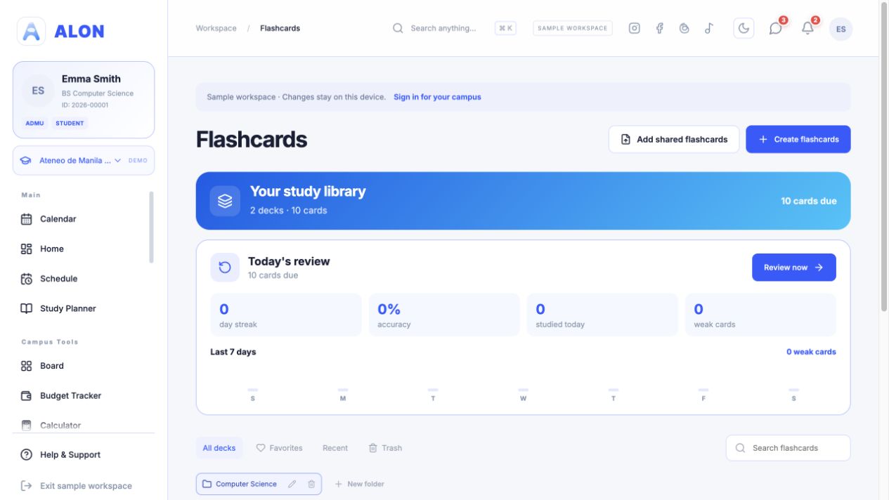 ALON flashcard library with deck cards and review summary